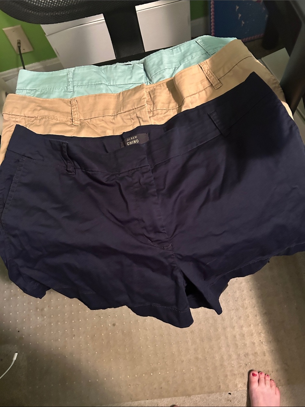 J. Crew Women’s Chino Shorts in Navy, Tan, Mint size 16 1.5” inseam. 3 pairs